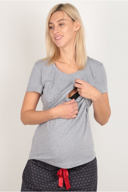 Пижама для беременных и кормящих с цветами, серая