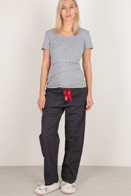 Пижама для беременных и кормящих с цветами, серая