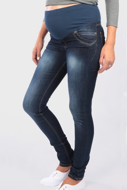 Джинсы для беременных зауженные с высоким мягким поясом, темно-синие
