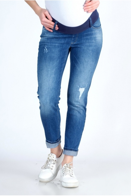 Джинсы для беременных и родивших на низкой талии (с потертостями), синие