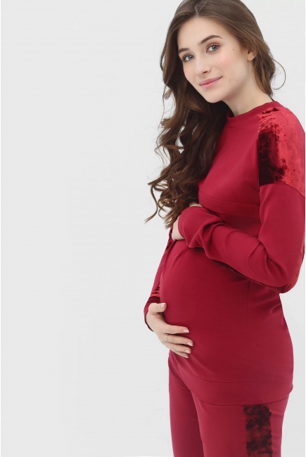 Костюм для кормящих и беременных с отделкой из велюра, цвет марсала