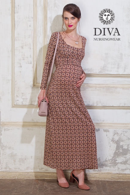 Платье для кормящих и беременных Diva Nursingwear Alba Maxi дл.рукав, принт Sole