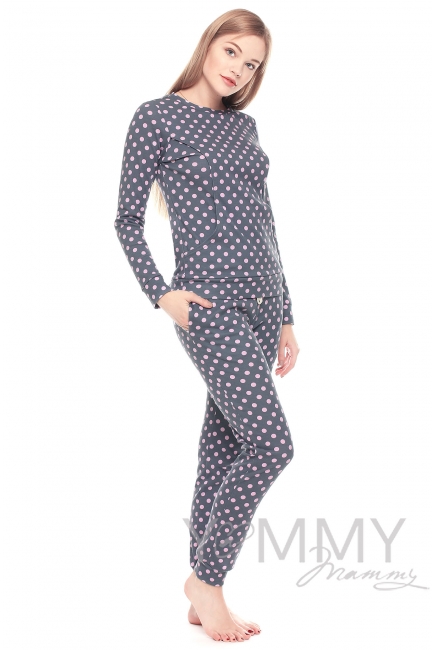 Комплект для дома серый с принтом розовый горох