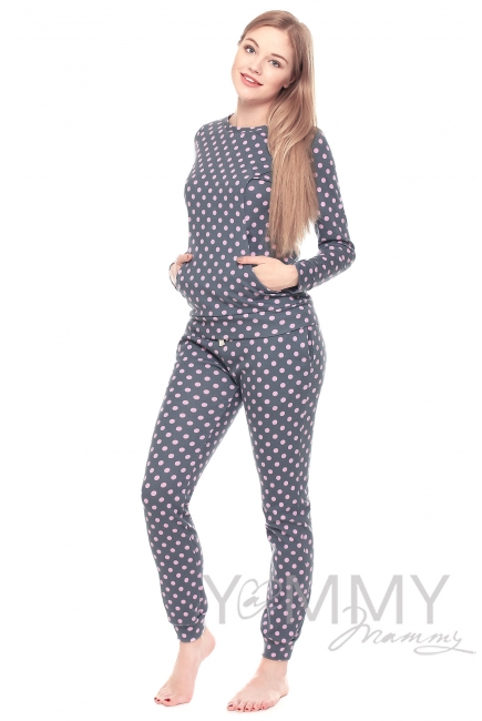 Комплект для дома серый с принтом розовый горох