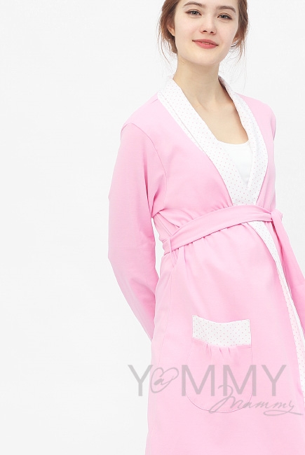 Халат розовый с отделкой в розовый горошек