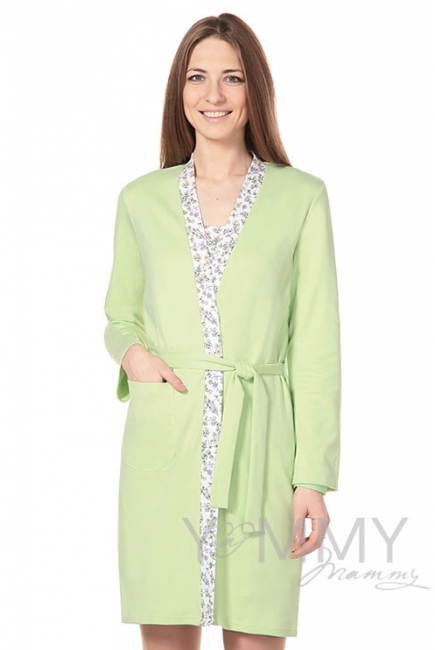 Халат фисташковый с отделкой цветочный принт