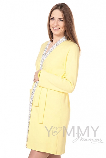 Халат желтый с отделкой цветочный принт