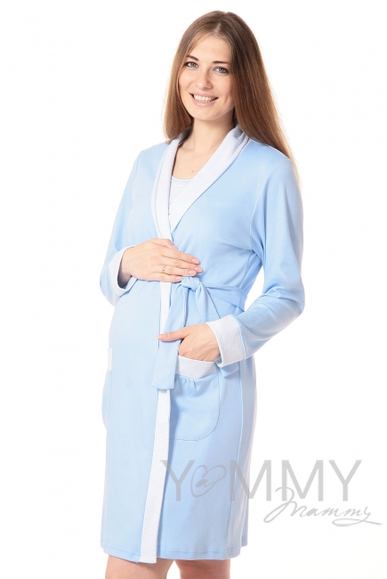 Комплект халат с сорочкой голубой/белая полоска