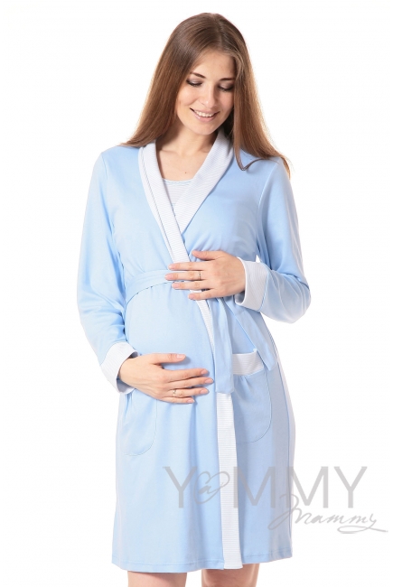 Комплект халат с сорочкой голубой/белая полоска