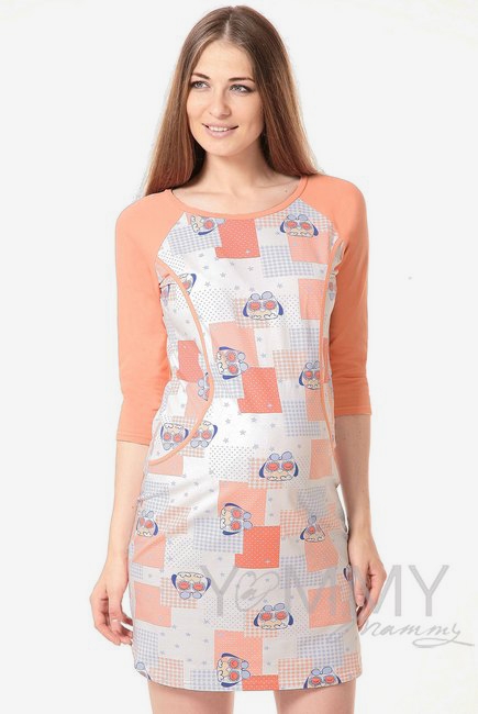 Платье для дома и сна персик / экрю / совы