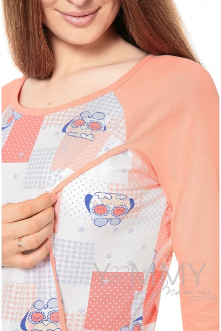Платье для дома и сна персик / экрю / совы