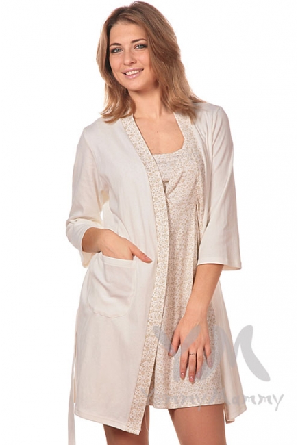 Комплект халат с сорочкой экрю/бежевые цветы
