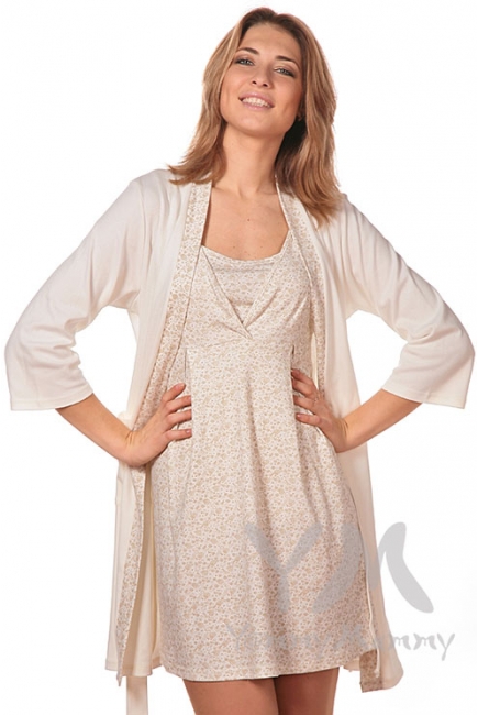 Комплект халат с сорочкой экрю/бежевые цветы