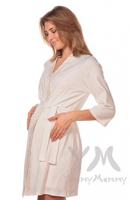 Комплект халат с сорочкой экрю/бежевые цветы