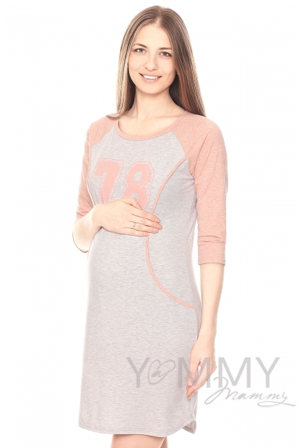 Платье для дома и сна серый меланж / розовый с принтом