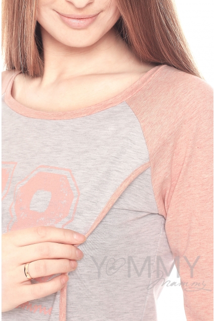 Платье для дома и сна серый меланж / розовый с принтом