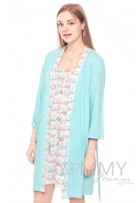 Комплект халат с сорочкой ментол с принтом зайчики/котики