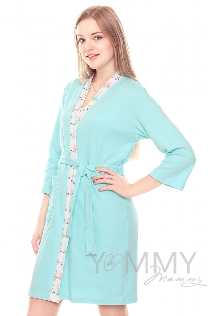 Комплект халат с сорочкой ментол с принтом зайчики/котики