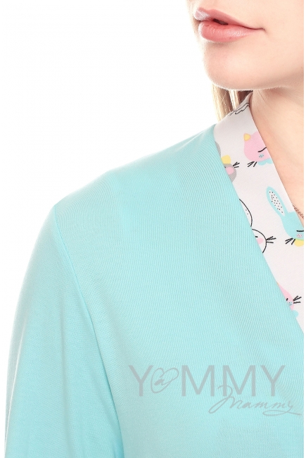 Комплект халат с сорочкой ментол с принтом зайчики/котики