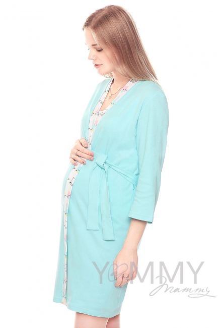 Комплект халат с сорочкой ментол с принтом зайчики/котики