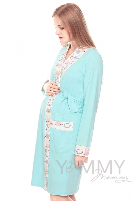 Комплект халат с сорочкой ментол с принтом котики/зайчики