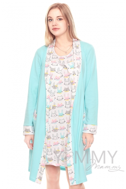 Комплект халат с сорочкой ментол с принтом котики/зайчики