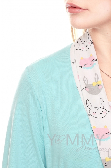 Комплект халат с сорочкой ментол с принтом котики/зайчики