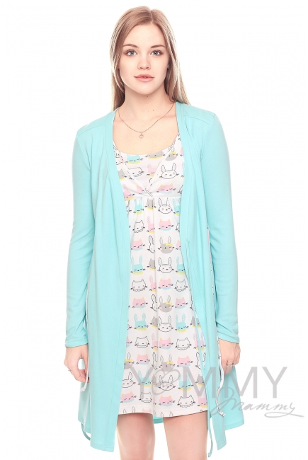 Комплект халат с сорочкой ментол с принтом котики и зайчики