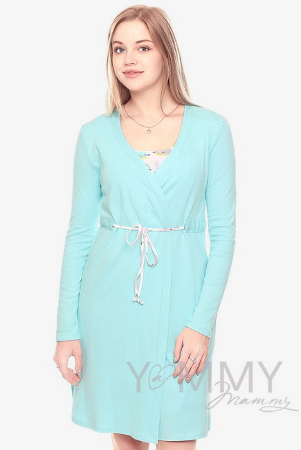 Комплект халат с сорочкой ментол с принтом котики и зайчики