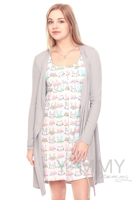 Комплект халат с сорочкой серый с принтом котики и зайчики