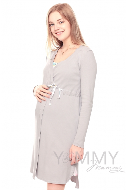 Комплект халат с сорочкой серый с принтом котики и зайчики