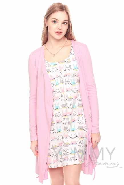 Комплект халат с сорочкой розовый с принтом котики и зайчики