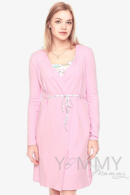 Комплект халат с сорочкой розовый с принтом котики и зайчики