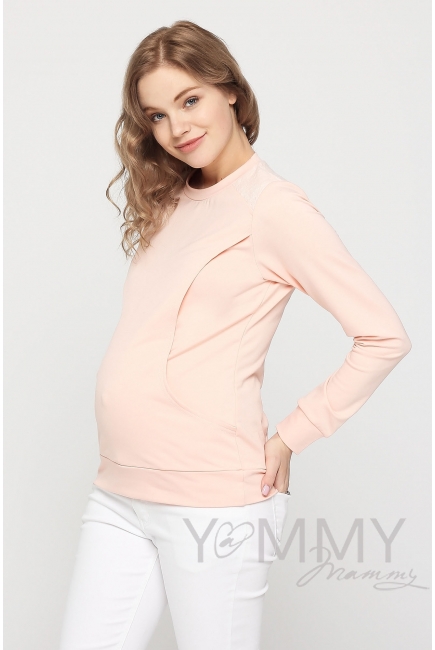 Свитшот для беременных и кормящих, светло-розовый с кружевом