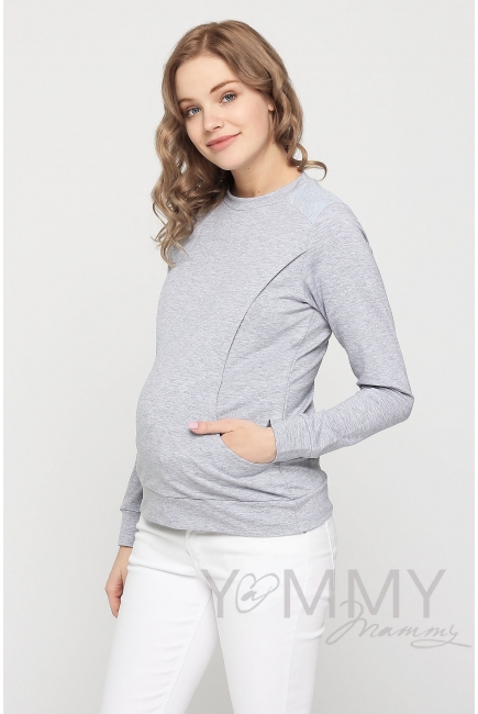 Свитшот для беременных и кормящих, серый меланж с кружевом