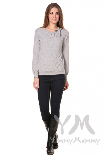 Блуза для беременных и кормящих с бантом, цвет светло-серый меланж