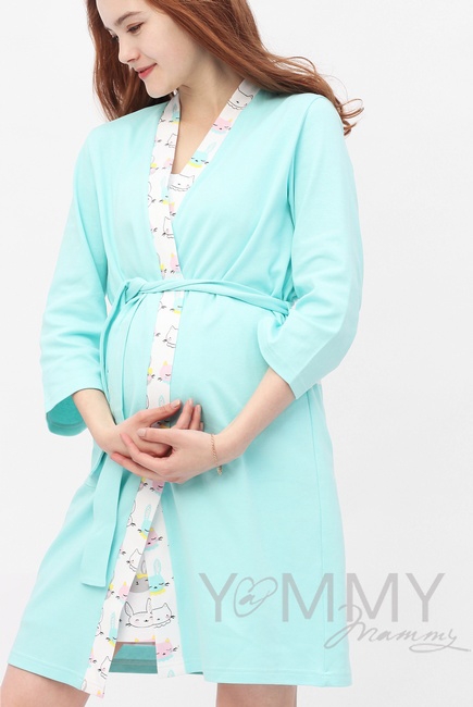 Комплект халат с сорочкой ментол с принтом зайчики/котики