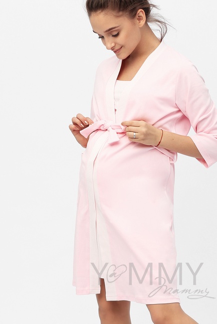 Комплект халат с сорочкой розовый с белой полоской