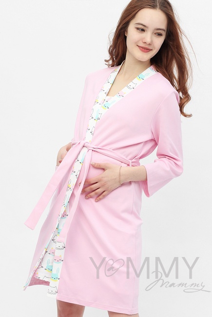 Комплект халат с сорочкой розовый с принтом зайчики/котики