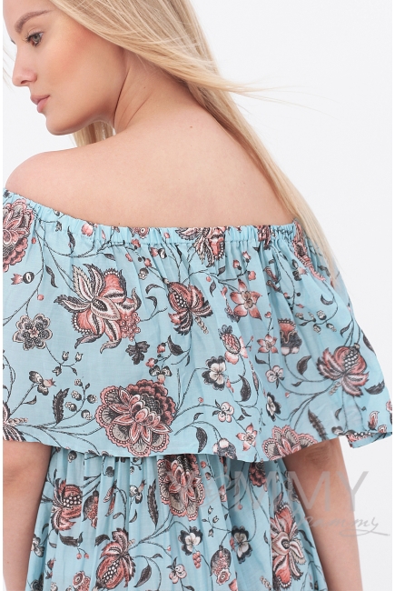 Платье-сарафан с оборкой по плечам голубое для кормящих