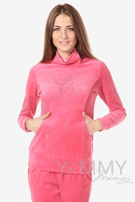 Толстовка для кормящих и беременных велюровая со стразами, цвет коралловая