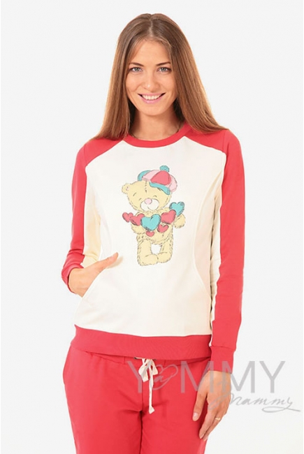 Толстовка для кормящих и беременных  с принтом "Teddy", цвет коралловая/экрю