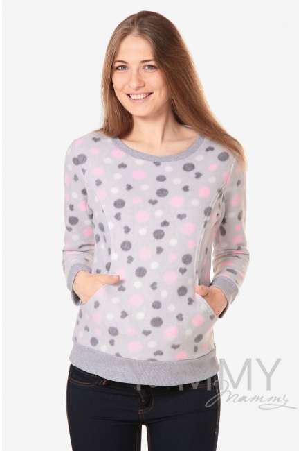 Джемпер для кормящих и беременных флисовый, цвет серый с розовыми и серыми кругами