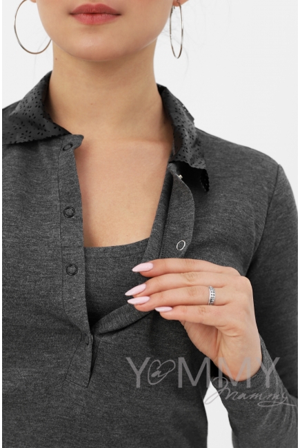 Платье с ажурным кожанным воротником темно-серый меланж для беременных