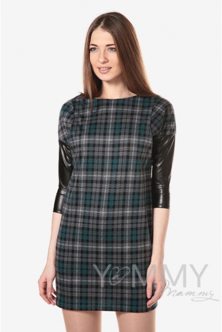Платье-туника для беременных и кормящих, тёмно-зелёное в клеточку