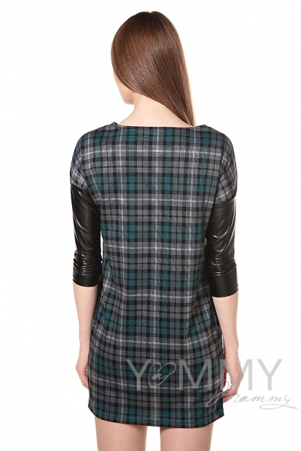 Платье-туника тёмно-зелёное в клеточку для кормящих