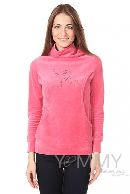 Толстовка для кормящих и беременных велюровая со стразами, цвет коралловая