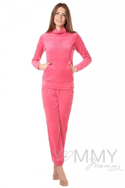 Толстовка для кормящих и беременных велюровая со стразами, цвет коралловая