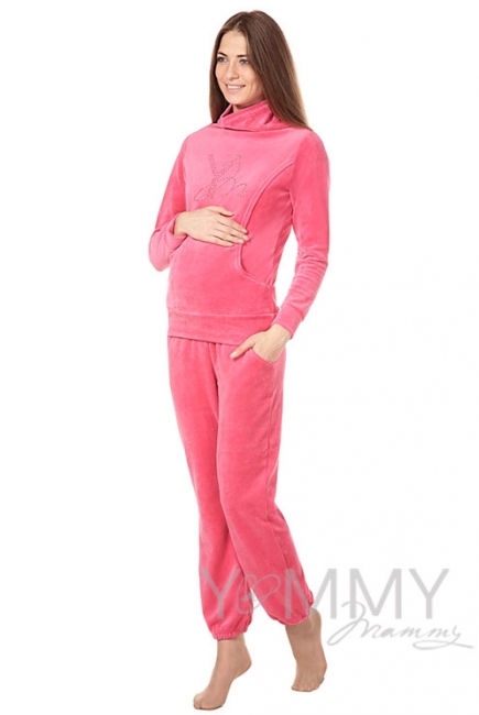 Толстовка для кормящих и беременных велюровая со стразами, цвет коралловая