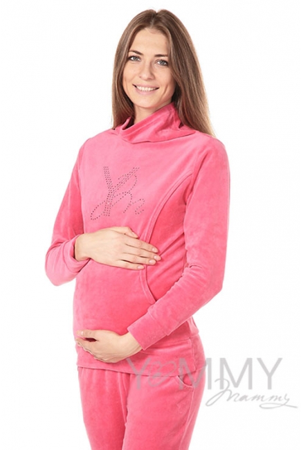 Толстовка для кормящих и беременных велюровая со стразами, цвет коралловая